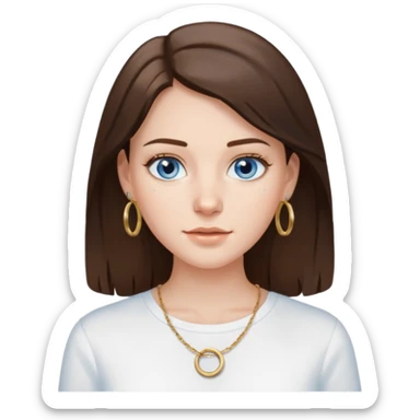 Create an emoji of a pretty white Girl with brunette hair blue eyes faint freckles and medium length hair wearing a white shirt with gold hoop earrings and a gold necklace  sticker