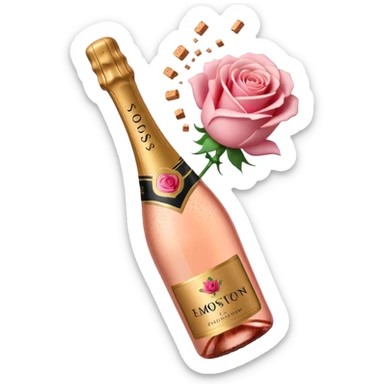 bottle of sparkling rosé champagne with a rose logo on the label, with the cork exploding out from the top, tilted up and to the left, no glass sticker