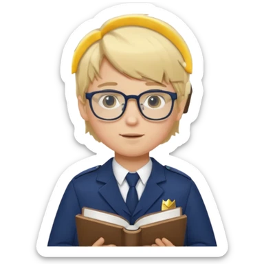 Boy student wearing uniform, glasses, hold book in front of their chest, blonde hair, white skin sticker