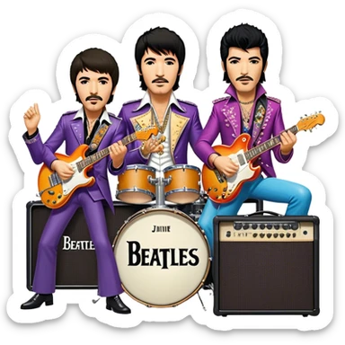 Rock music icon: vibrant stage with electric guitars, drums, and amplifiers. Collage of rock legends—The Beatles, Jimi Hendrix, and Elvis Presley—capturing the rebellious spirit and timeless energy of rock music. Transparent background. sticker