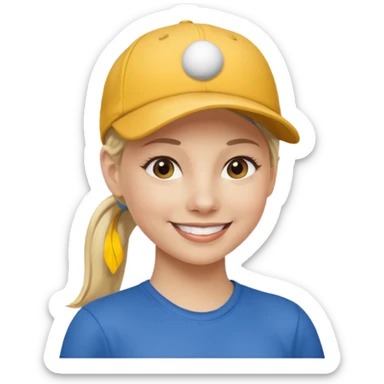blond woman, pony tail, ball cap sticker