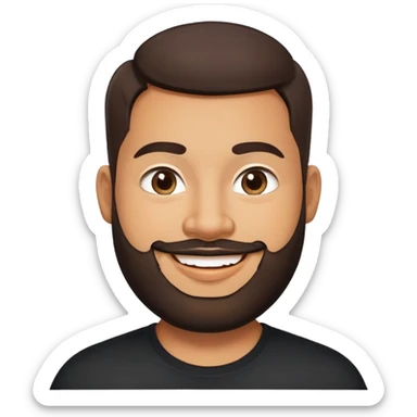 Heavier-set producer with light brown skin, pear-shaped face, full cheeks, big cheerful smile, warm inviting eyes, thick eyebrows, wide nose, short well-groomed beard, very short dark hair, wearing a black shirt sticker