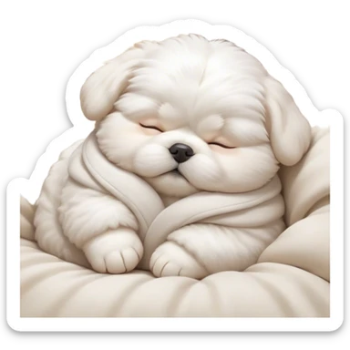 Cinematic Chubby Sleeping Maltese Portrait Emoji, Chubby and serene, with a round, adorable build and a soft, fluffy white coat, eyes gently closed in peaceful slumber, Simplified yet irresistibly endearing features, highly detailed, glowing with a gentle, dreamy glow, high shine, relaxed and content, stylized with a touch of whimsy, bright and heartwarming, soft glowing outline, capturing the essence of a blissfully sleepy companion, so comically serene it feels like it could roll out of the screen and snore with adorable charm! sticker