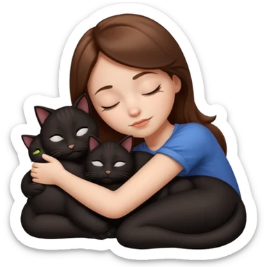 white girl with brown hair asleep hugging two black cats emoji style sticker