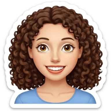 realistic emoji of a woman with shoulder-length dark curly hair, expressive almond eyes, freckles, full lips in a broad smile showing teeth, smooth glowing skin, calm friendly happy look sticker