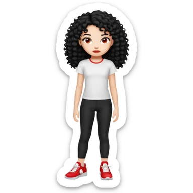 generate a pretty bratz fair skinned girl with curly black hair wearing a white tshirt trekking on a hill with red sneakers on and black leggings.  Put a hill behind her sticker