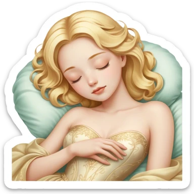 Cinematic Realistic Sleeping Cinderella Portrait, portrayed with exceptional realism: her luminous porcelain skin and exquisitely detailed golden-blonde hair lie softly under the gentle caress of natural light. Her eyes are peacefully closed in a serene, dreamlike slumber, and every fold and shimmer of her iconic ball gown is rendered with painstaking detail. The overall composition radiates a quiet, enchanting glow that encapsulates the timeless, restful beauty of a princess lost in a gentle, magical dream. sticker