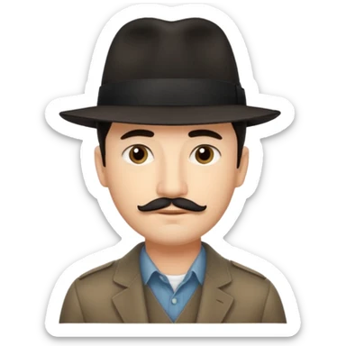 A light-skinned man with short dark hair, thin straight mustache, and a black fedora, with an oval face and calm look. sticker