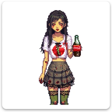 Generate an Asian girl, dark-haired, she's a zombie, wearing a skirt with lace, slightly torn,

Holding a bottle of Coca-Cola in her hands.

Background - a dark street in the style of Gotham City. sticker