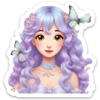 gorgeous anime pastel lady with butterflies and beautiful hair fairycore cottagecore sticker