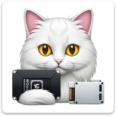 A cat with in the hands pc gpu 4060 white and a Tung Tung Tung sahur  sticker