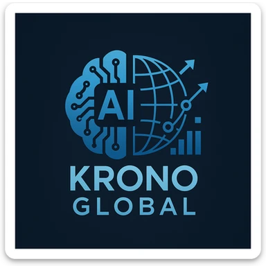 Logo concept combining artificial intelligence (AI), Krono Global branding, international business, and marketing. Modern, tech-inspired style with a global/world element and digital marketing motifs, sleek and professional. sticker