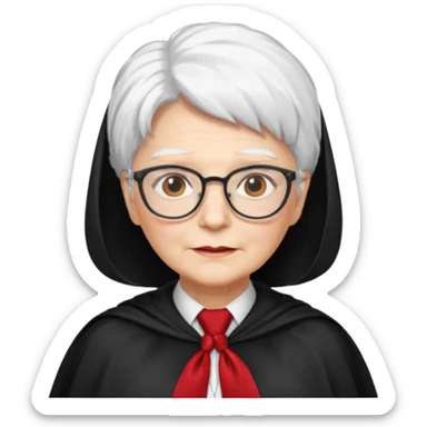 An older woman with glasses and white hair, in a red tie and black cape sticker