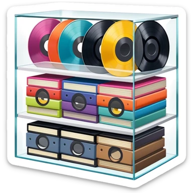 Icon for Vinyl Record Collecting: a shelf filled with a colorful assortment of vinyl records neatly stacked. The icon should evoke the love for collecting diverse vinyl records without including a record player. Transparent background. sticker