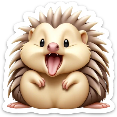 Cinematic Cute Yawning Echidna Portrait Emoji, Head tilted slightly with a dramatic, wide-open yawn, showcasing a soft, downy spiky fur with a slightly drooping snout and small, drowsy eyes, Simplified yet irresistibly adorable features, highly detailed, glowing with a soft, cozy glow, high shine, relaxed yet expressive, stylized with a touch of prickly whimsy, bright and endearing, soft glowing outline, capturing the essence of a sleepy yet affectionate echidna, so drowsy it feels like it could curl up out of the screen for a nap! sticker