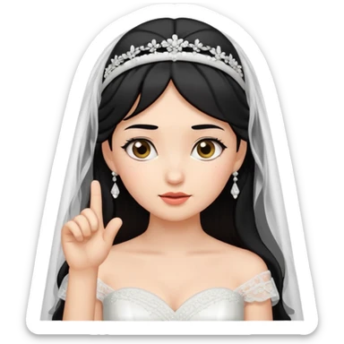 Black-haired bride in a white wedding dress and veil, curious expression, pointing to her head with her index finger, cute emoji style. sticker