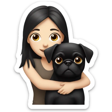 A white girl with black hair hugging a black pug dog sticker