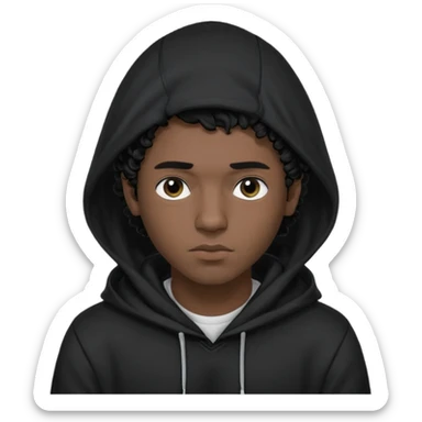 Emoji with guy with curly black hair and short quiff hairstyle, he is looking similar to music artist Central Cee, wear black t-shirt and black hoodie with hood pulled on his head. Looking straight at us, without deforming his face sticker
