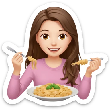 smiling white long brunette hair girl with hazel eyes in light pink with pasta sticker