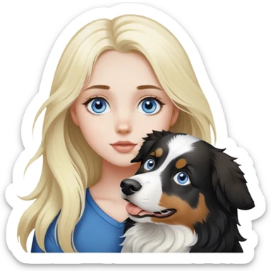 pale girl with blue eyes and long blonde hair and black white Australian shepherd. sticker