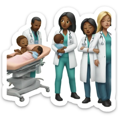 a woman gives birth and doctors stand nearby sticker
