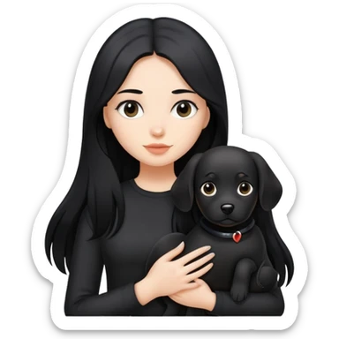 A girl with long black hair wearing black clothes holding a black dog in one hand sticker