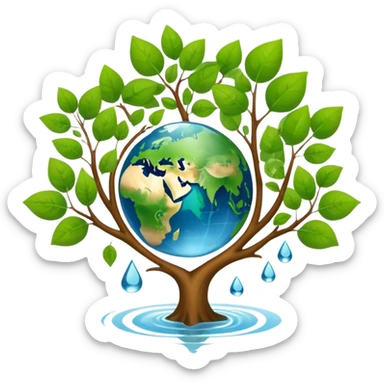 An icon featuring a tree, a recycling symbol, and a globe, representing ecology. The design includes green leaves, a water droplet, and wildlife, symbolizing the study of ecosystems, sustainability, and environmental protection. Transparent background. sticker