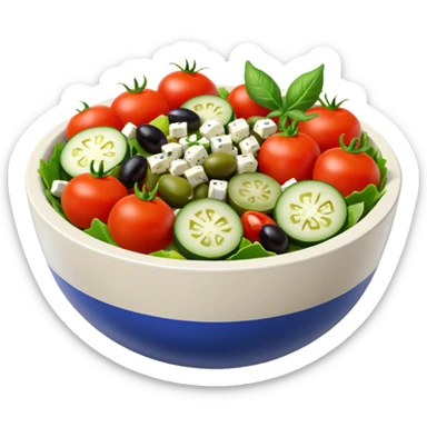 mediterranean salad bowl object icon, tomatoes, cucumbers, olives, feta cheese, olive oil dressing, 3D cartoon, mobile game icon style, clean background, no text, no watermark
 sticker