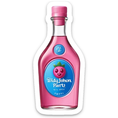 bottle of oil blue top pink outside with logo that says Diddy Party oil Johnson and Johnson  brand with a smiling berry on top sticker