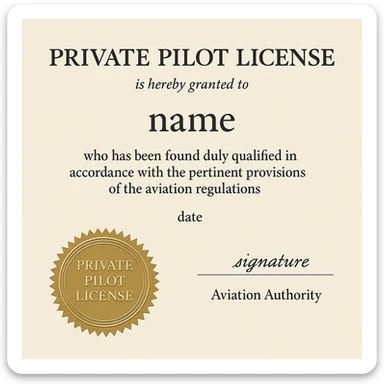 formal private pilot license design with a gold seal and official typography sticker