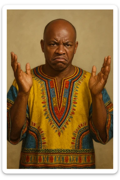 Сгенерируй мне афроамериканца в национальном африканском костюме, лысого,  . Строго в анфас. Его лицо чуточку недовольно, а руками он размахивает и разводит в сторону. На однородном фоне. В стиле реалистичной живописи. Он полностью помещается в экран и не обрезается краями изображения sticker