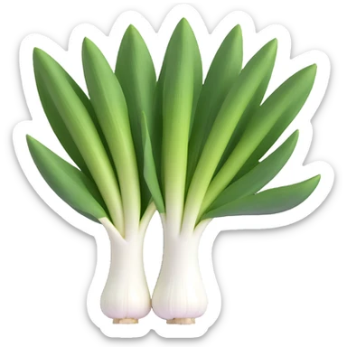 whole fresh leek with thick white stalk blending into pale and dark green flat leaves, leaves open and tidy, root end with fine roots, clean and moist, 3D emoji style, minimal, soft shadows, realistic lighting, organic shape, no face, no extra items, transparent background, emoji scale sticker