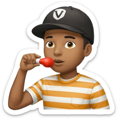 A black calm referee with striped shirt, wearing a sport cap while blowing a whistle, pointing clearly toward the field. sticker