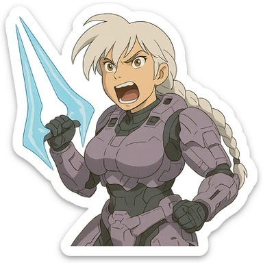 female, wearing reach spartan armor default, long white braid hair with massive messy front side single bangs, gold yellow eyes, attention pose, HALO:series, no helmet, the armor is lavender color scheme, shoulder pad off. DDD bust size fitting. Punk gothic cyberpunk, brandishing a covenant energy sword, preparing to swing and yelling sticker