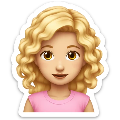 Niña rubia con pelo rizado, pasador rosa, nariz redondita y ojos marrones. Camiseta rosA. sticker