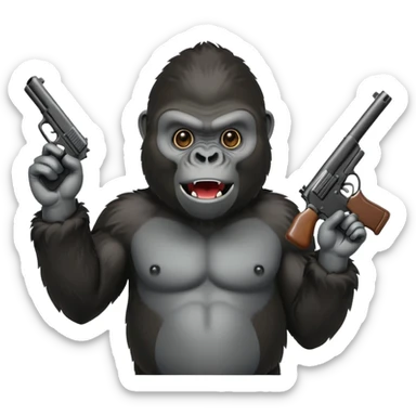 A gorilla holding a gun in the air making a silly face sticker