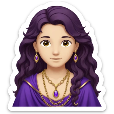 Libera from Olympus Gods with long dark brown wavy hair, dark purple stola sticker