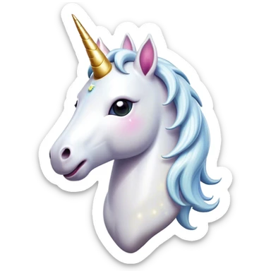 Cinematic Comical White Unicorn Portrait Emoji, Head tilted dramatically with an exaggeratedly amused expression, featuring a slender, radiant form with a playfully sparkling horn and wide, comically expressive eyes full of enchanting disbelief, Simplified yet hilariously expressive features, highly detailed, glowing with a slightly sassy magical glow, high shine, dramatic yet playful, stylized with an air of cheeky mythic mischief, soft glowing outline, capturing the essence of a meme-worthy white unicorn that looks ready to prance its way into viral fame! sticker