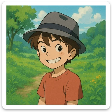 boy with a tilted gray fedora, playful smile, lush scenery, Ghibli style sticker