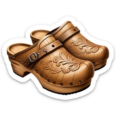 Cinematic Realistic Wooden Clogs Emoji, depicted as a pair of traditionally carved weathered wooden clogs with intricate details and rustic charm, rendered with rich textures and warm natural lighting that captures their cultural heritage. sticker