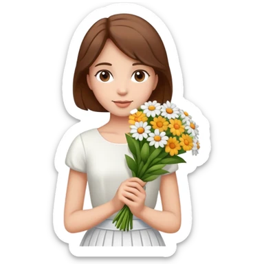 girl with brown hair wearing a white skirt holding a bouquet of flowers sticker