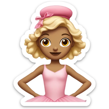 ballet dancer with blonde hair and pink tutu with doll like red cheeks on and a pink hat sticker