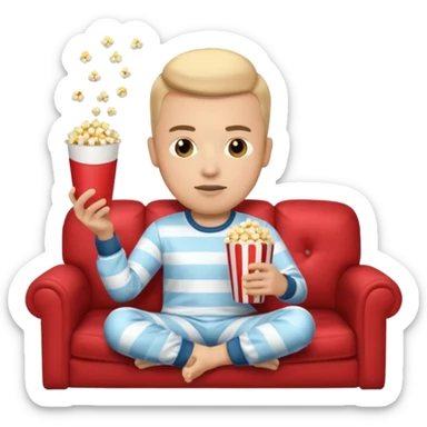 male memoji, in pajamas, sitting on couch, holding TV remote controller, relaxed face, casual home vibe, popcorn bucket on couch sticker