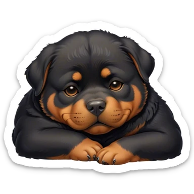 Cinematic Chubby Sleeping Rottweiler Portrait Emoji, Chubby and serene, with a robust, adorable build and a soft, plush black fur with tan markings, eyes gently closed in peaceful slumber, Simplified yet irresistibly endearing features, highly detailed, glowing with a gentle, dreamy glow, high shine, relaxed and content, stylized with a touch of whimsy, bright and heartwarming, soft glowing outline, capturing the essence of a blissfully sleepy guardian, so comically serene it feels like it could roll out of the screen and snore with adorable charm! sticker
