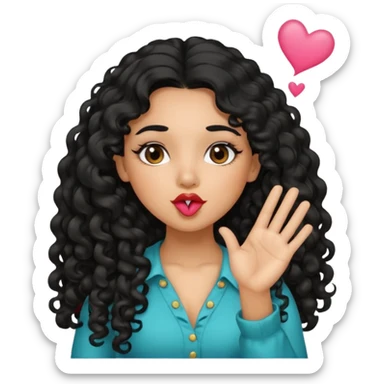 Latina girl with long curly black hair, blowing a kiss sticker