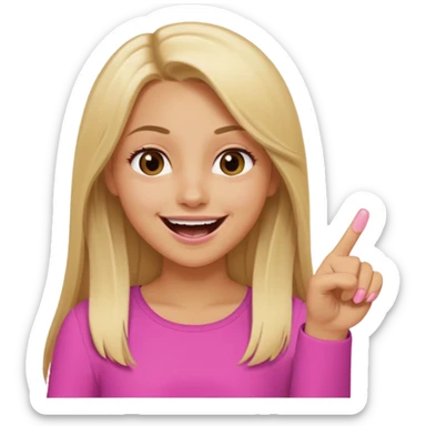 blonde tan girl with long straight hair brown eyes laughing and pointing with one fringer at me wearing oink  sticker