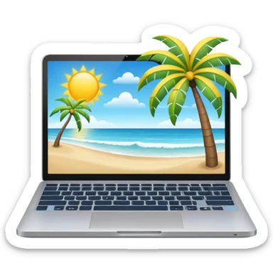 A minimalist emoji-style icon representing workation: An open laptop in the foreground on the beach. Background shows sea, sun, and a palm tree. No people, no text, clean and simple design like an emoji. sticker