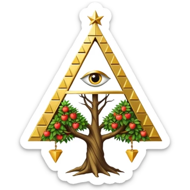 Annunaki tree from Garden of eden, that is actually a ancient tech antenna with illuminati all seeing eye in traingle symbol at the top and with little pyramids hanging like apples sticker