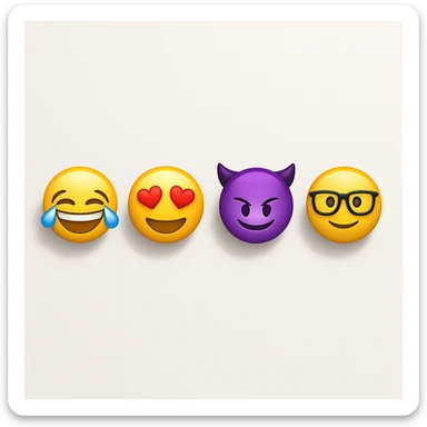 make four emojis on white background with good amount of shadow, four emojis of smiley's only. one laughing, second heart eyes, third purple devil and four black glasses emojis  sticker