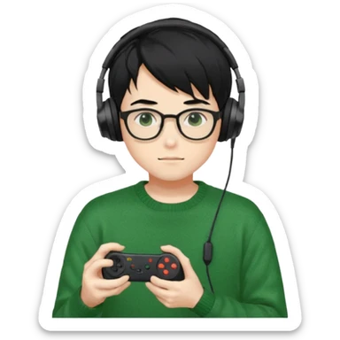
gamer, Gorgeous green sweater black hair anime style shojo guy glasses, headphone, gamepad sticker